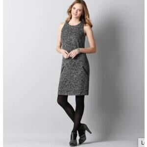LOFT Tweed Black & White Shift Dress with Faux Leather Detail // 6